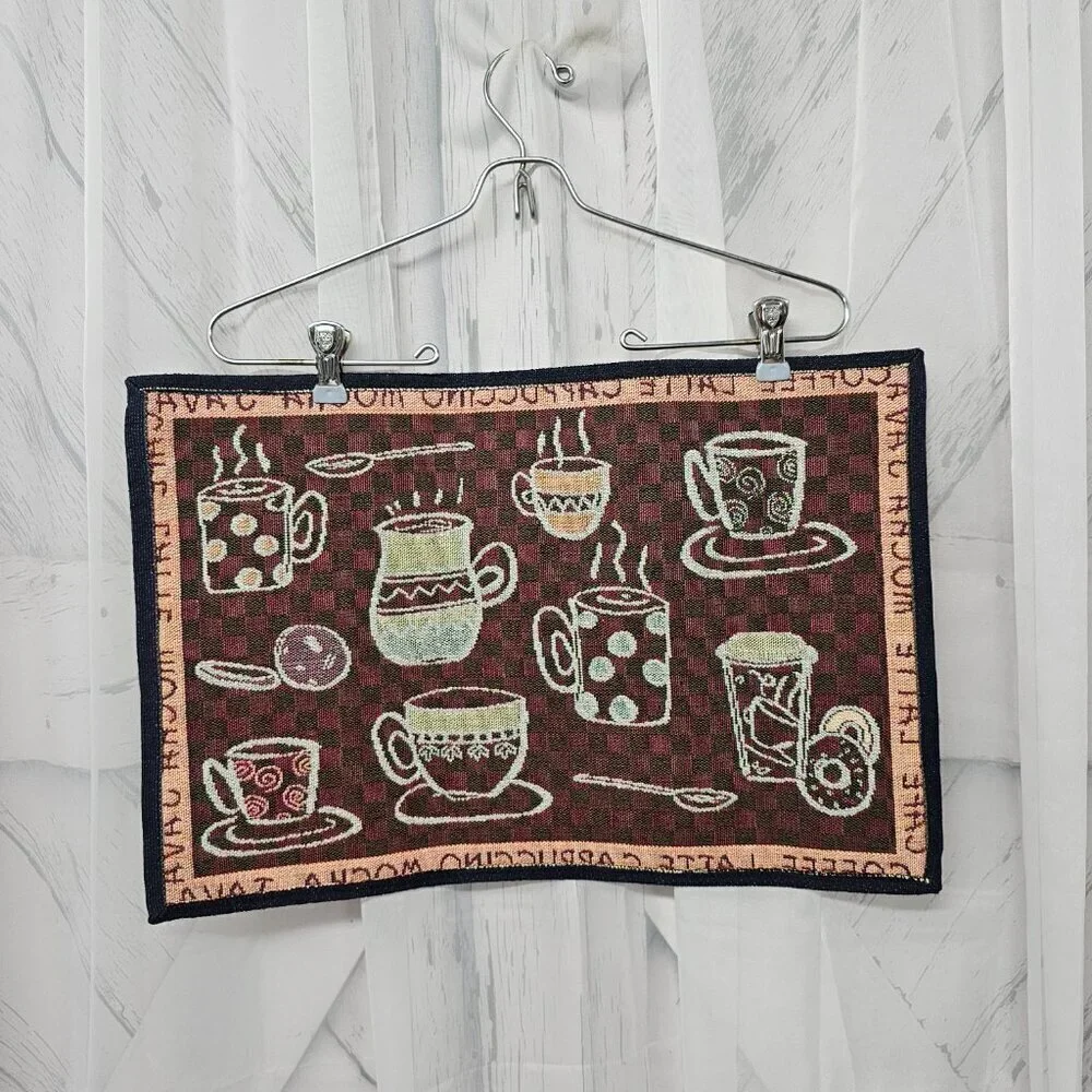Place Mats Coffee Dining Green Black Bistro Canvas Farmhouse Woven x 6